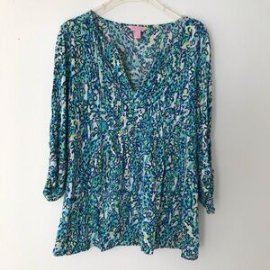 Lilly Pulitzer Shirt Brayden Green Blue Tunic Cotton  Sz Small tab sleeve